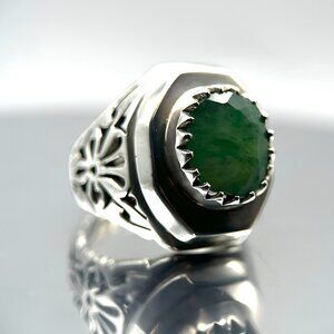 Men's Emerald Ring - Natural Emerald Sterling Silver Ring - May Birthstone Jewel
